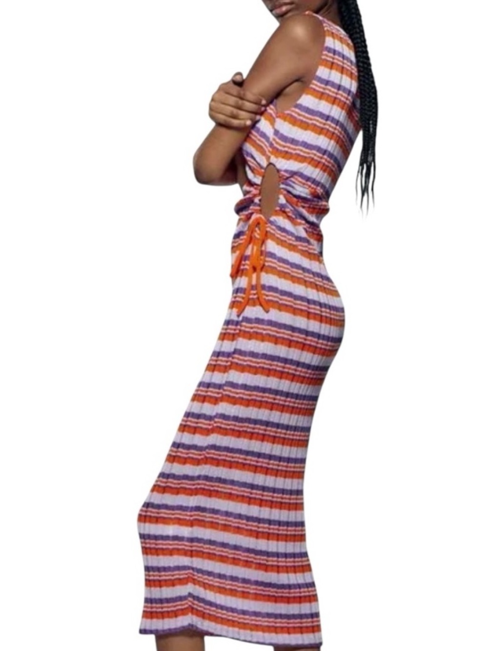 Zara Orange, Lavender & Purple Striped Knit Midi Dress
